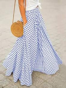 夏季女式格子印花休闲连衣裙 - 淺藍色 - 查看 1