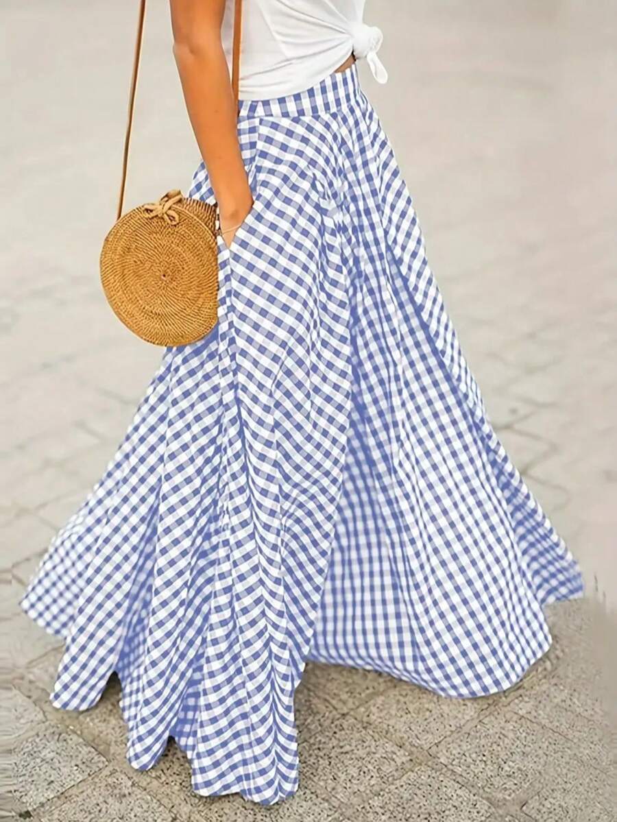 夏季女式格子印花休闲连衣裙 - 淺藍色 - 查看 1