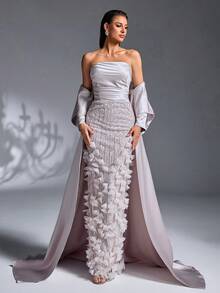 A Light Gray 3D Petal Beaded Embroidery Satin Strapless Long Cape Mermaid Luxury Evening Gown Party Spring Wedding - Mauve Purple - View 3