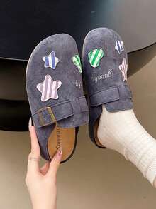 1 Pair Cute Applique Decor Slip-On Slippers, Korean Style Girl Retro Flat Sandals, Fashion Buckle Design, Round Toe Casual Soft Bottom Loafers, Ballet Flats, Lightweight Versatile Slip-On Shoes, Suitable For Christmas (Run Small)