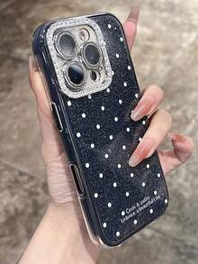 可爱黑白波点时尚手机壳，闪亮波点亮片手机壳，带水钻摄像头保护膜，兼容 17 Air 16 15 14 13 12 11 Pro Max 16 15 14 Plus 16 Pro Max 15 Pro Max，可爱纯色夏季糖果手机壳，春季礼物 - 黑色 - 查看 4