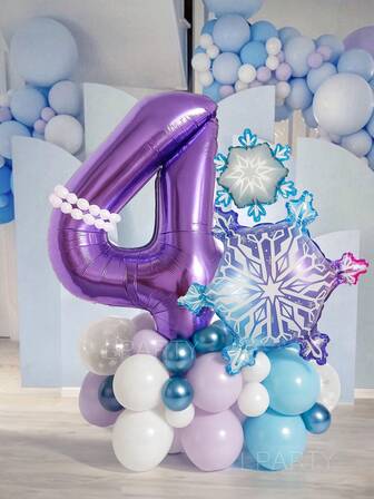30pcs/Set Frozen Princess Theme Party Decoration Set. 32-Inch Purple Number 0-9 Birthday Party Decoration Balloons, Frozen Theme Party Balloons - Dreamy Purple & Blue Foil Balloons (With Snowflake/Ice Crystal Patterns) + 12-Inch Snowflake Print Clear Balloons, Blue & Purple Latex Balloons - Suitable For Winter Birthday Party/Fantasy Theme Party/Christmas Decor, Baby Shower