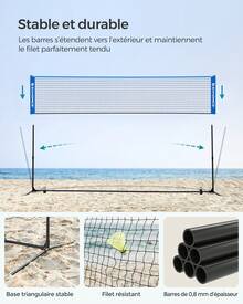 SONGMICS 4m Filet de Badminton, Filet de Volley,Poteaux Réglables en Hauteur, Set Portable pour Tennis, Beach-volley, pour Jardin, Parc, Extérieur, Bleu - Bleu - Voir 7