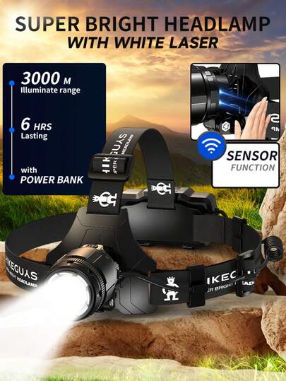 HIKEGUYS 超亮头灯可充电 2980 流明，4 种模式头灯，可缩放前额头灯，成人 90° 可调头灯，4000mAh 长续航，适合钓鱼、露营