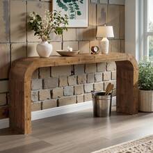 LITTLE TREE 70.87-Inch Solid Wood Console Table, Farmhouse Sofa Table With Curved Corners For Hallway, Living Room, Behind Couch, Entrance (Natural Wood) - Natural Brown - View 5