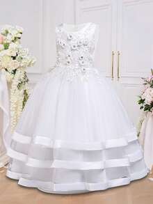 Vestido de princesa de tul blanco para niñas, vestido formal de dama de honor para boda, recital de piano, actuación en el escenario, fiesta de cumpleaños - Blanco - Ver 2