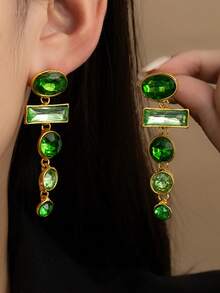 1对时尚超大几何设计长耳环，波西米亚风格方形钻石耳环，百搭 - 金黃色 - 查看 7