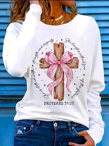 女士加大码休闲圆领长袖T恤，可爱蝴蝶结图案T恤，基督教T恤，信仰上衣，女士秋季服装，女式图案T恤 - 白色 - 查看 1