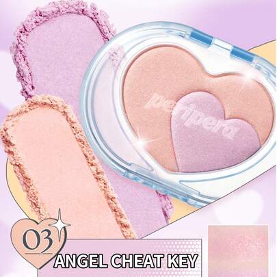 Peripera K-Beauty HEART POCKETBEAM 高光粉，双色粉状高光调色板，可混合闪光，钻石闪光，光泽效果，天鹅绒般柔滑，持久，防晕染，多用途，适用于面部、脸颊、眼睛、身体，双色高光调色板