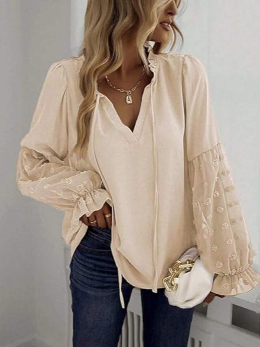 Plus Size Women Floral Patchwork Ruffle Top, Fashionable For Daily Wear - Apricot - View 1