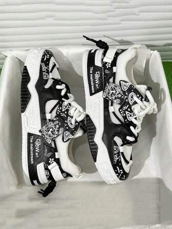 New Men's Summer Breathable Original Design Casual Sneakers With Thick Non-Slip Sole, Fashionable Graffiti Style