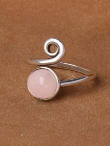 1pc Alloy Silver-Plated Adjustable Ring With Embedded Agate, Unisex Gemstone Ring - Green - View 8