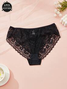 4 sztuki jednokolorowych, seksownych, koronkowych, wyciętych, półprzezroczystych damskich spodni plus size z trójkątną talią, dojrzałego uroku, retro, francuskiej, romantycznej, słodkiej bielizny, swobodnych i wygodnych, lekkich, miękkich, jedwabistych, całorocznych majtek, odpowiednich do domu, podróży, na imprezy, na prezenty