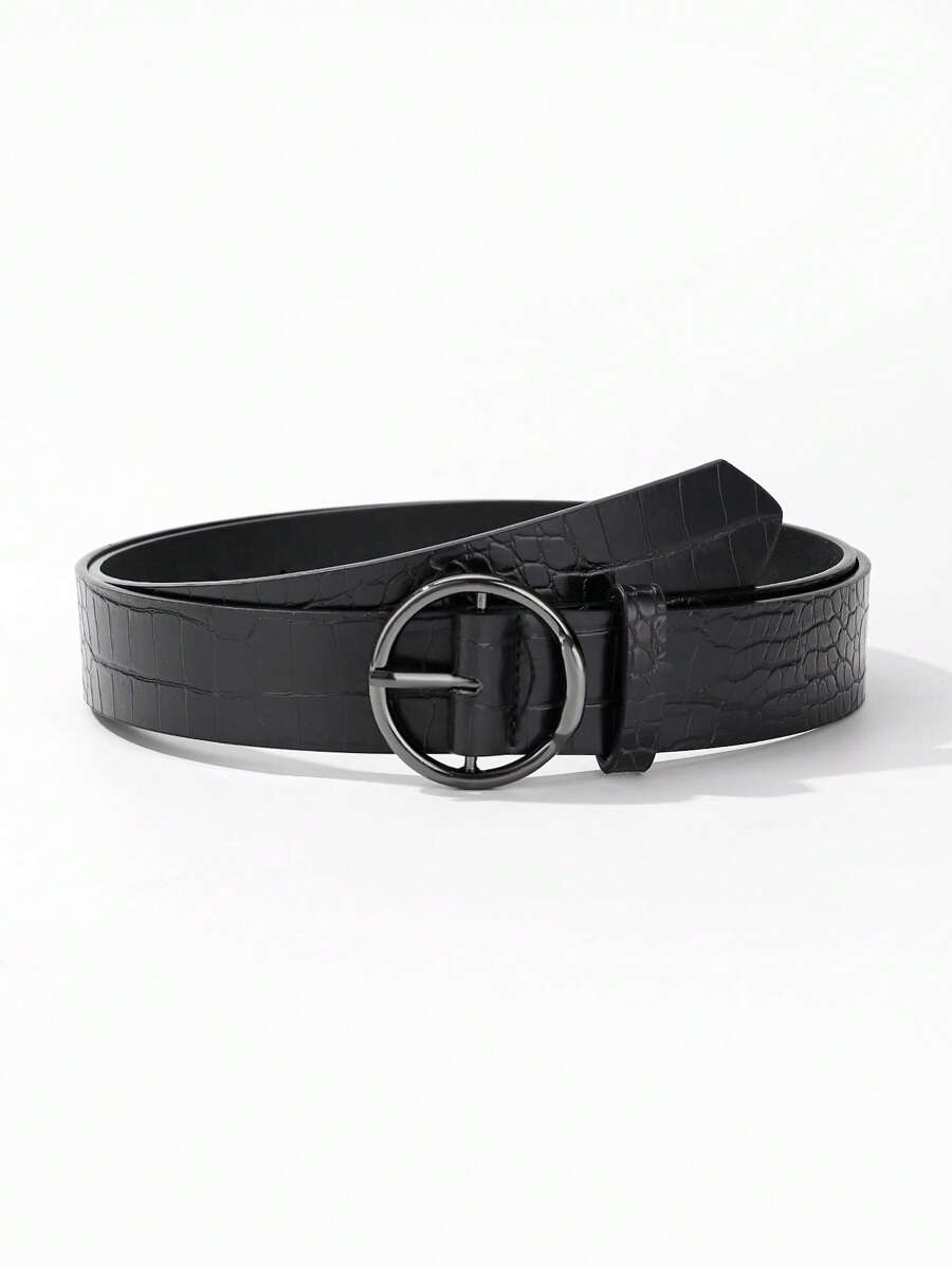 1 件装枪黑色圆形带扣鳄鱼压纹 PU 皮革腰带，适合女士秋季、秋季、万圣节 - 黑色 - 查看 1