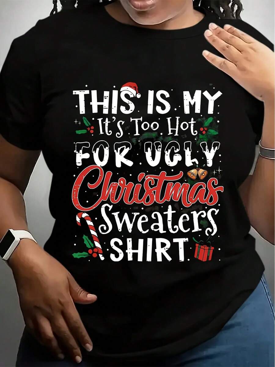 Plus Size Women's Christmas Ugly Sweater T-Shirt - Soft Breathable Casual Short Sleeve Round Neck Tee With Festive Holiday Print, Machine Washable For All-Season Comfort, Christmas T Shirts, Rela - Black - View 1