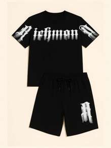 Conjunto Casual de Camiseta Solta e Shorts Monocromático Masculino