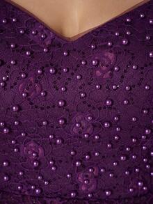 Abito da sera elegante e raffinato, con design a tasche, scollo a V, ricami delicati, cintura in vita, maniche a volant, lungo, adatto a taglie comode, nuovo arrivo - Viola - Visualizzare 8