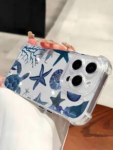 Funda para teléfono con diseño de elementos artísticos de vida marina azul océano, compatible con los modelos de  16, 15, 14 Pro Max, 13, 12, 11, XR y XS Plus. Fabricada en silicona TPU, ofrece protección contra golpes y caídas, además de una excelente sensación al tacto. Es el regalo ideal para familiares, amigos y seres queridos. - transparente - Ver 4