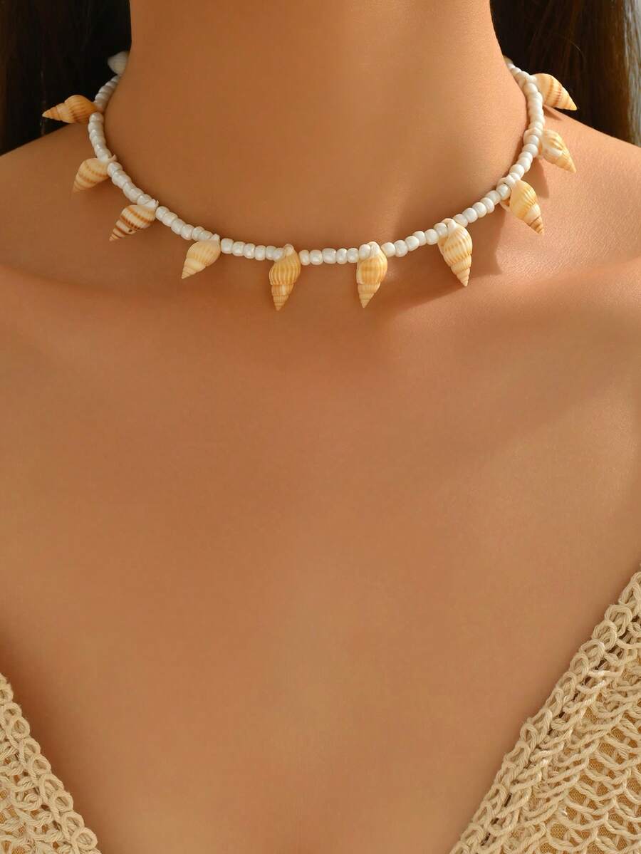 1 件波西米亚风格简约百搭贝壳串珠颈链，女士时尚珠宝，适合日常佩戴、度假和派对，贝壳的形状、大小和图案随机