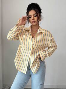 条纹纽扣女士休闲宽松长袖衬衫，款式优雅，适合节日、日常穿着和早午餐 - 黃色 - 查看 3