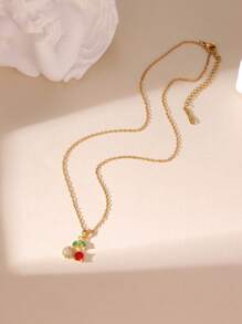 1pc 18K Stainless Steel Oil-Drop Strawberry & Cherry Zirconia Necklace, Elegant Jewelry Accessory For Women, Suitable For Daily Wear And Gatherings