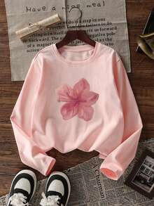 新款女士柔软百搭休闲秋冬时尚圆领单花印花长袖T恤粉色春季 - 粉色 - 查看 1