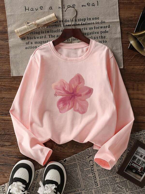 Neue Damen weiche, vielseitige Lässig Herbst/Winter Mode Lässig Rundhals Langarm T-Shirt mit Blumenprint