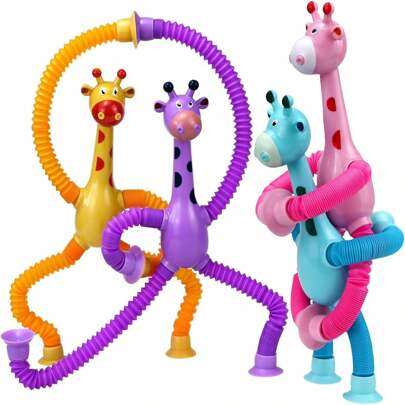 4 Pcs Telescopic Suction Cup Giraffe Toy, Funny Pop Tubes Sensory Toy For Toddlers, Educational Fidget Toys For Anxiety Kids For 3 4 5 6 7 8 9 Year Old Boys Girls