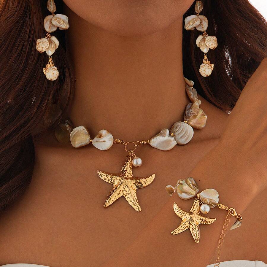 Resort Style Summer Starfish Shell Pendant Necklace Bracelet For Women - 01 耳環 金色+白色 3353 - 查看 1