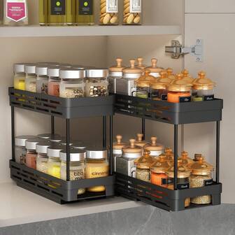 1pc/2pcs 2 Tier Multifunctional Plastic Storage Rack, Large Capacity Double Layer Cabinet Storage Organizer, Drawer Type Storage Shelves For Seasoning Bottle & Spice Jar, Pull Out Under Sink Organizer, Suitable For Cabinet, Kitchen, Restaurant And Bathroom, Space-Saving Storage Holder