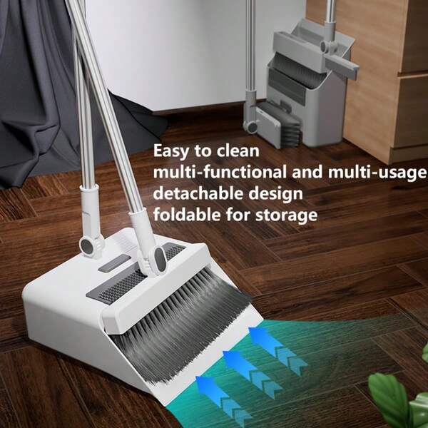 3 em 1 Conjunto de Vassoura e Lixeira, Escova de Cerdas Macias, Rodo, Lixeira e Conjunto de Escova. Cerdas Não Lenhosas, A Vassoura é Usada para Limpeza Interna e Externa e Conjunto de Vassoura e Lixeira de Cabo Longo para Empurrar e Varrer, Uso Pesado para Limpeza Doméstica de Banheiros, Cozinhas, Adequado para Escritórios Familiares, Escolas, Dormitórios, Quartos, Salas de Estar, Cozinhas, Etc. Ferramentas de Limpeza