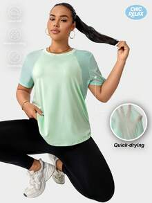 Plus Size Sporty Casual Yoga Patchwork Short Sleeve T-Shirt Summer Sports - Green - View 3