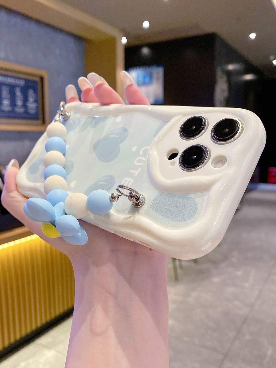 Ốp lưng điện thoại TPU mềm hình trái tim đính hạt màu xanh kem dễ thương có dây chống trượt, tương thích với iPhone 16 15 14 13 12 11 Pro Max Plus X XS XR, mới nhất tương thích với iPhone 17/17 Air/17 Pro/17 Pro Max - Màu xanh lam - Xem 1