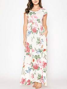 Tiered Tropical Short Sleeve Leaves Floral  Maxi Long Woven Dress - ngà voi - Xem 3