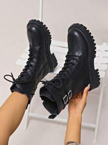 1 Pair Women's Black Thick Sole Motorcycle Boots, Lace-Up Round Toe Fashion Boots With Side Zipper, Versatile Mid-Calf Leather Boots, All-Match Style For Autumn/Winter,Party