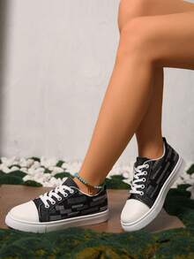 女式加大码黑色帆布运动鞋，时尚休闲系带平底运动鞋，百搭学校/学生鞋 - 黑色 - 查看 4