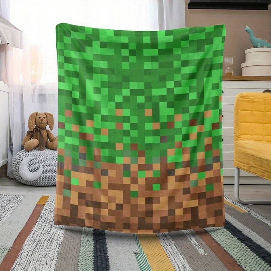 Pixel Block Grass Print Flannel Blanket - Soft & Warm Polyester Knit, All-Season Comfort, Ideal For Bedding, Sofa, Office, And Outdoor Use, Perfect Gift For Family And Friends, Office Comfort Pixel Art Blanket Polyester Fiber, Cute Blanket