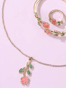 3件套女孩玫瑰花项链手链戒指首饰套装 - 彩色 - 查看 6