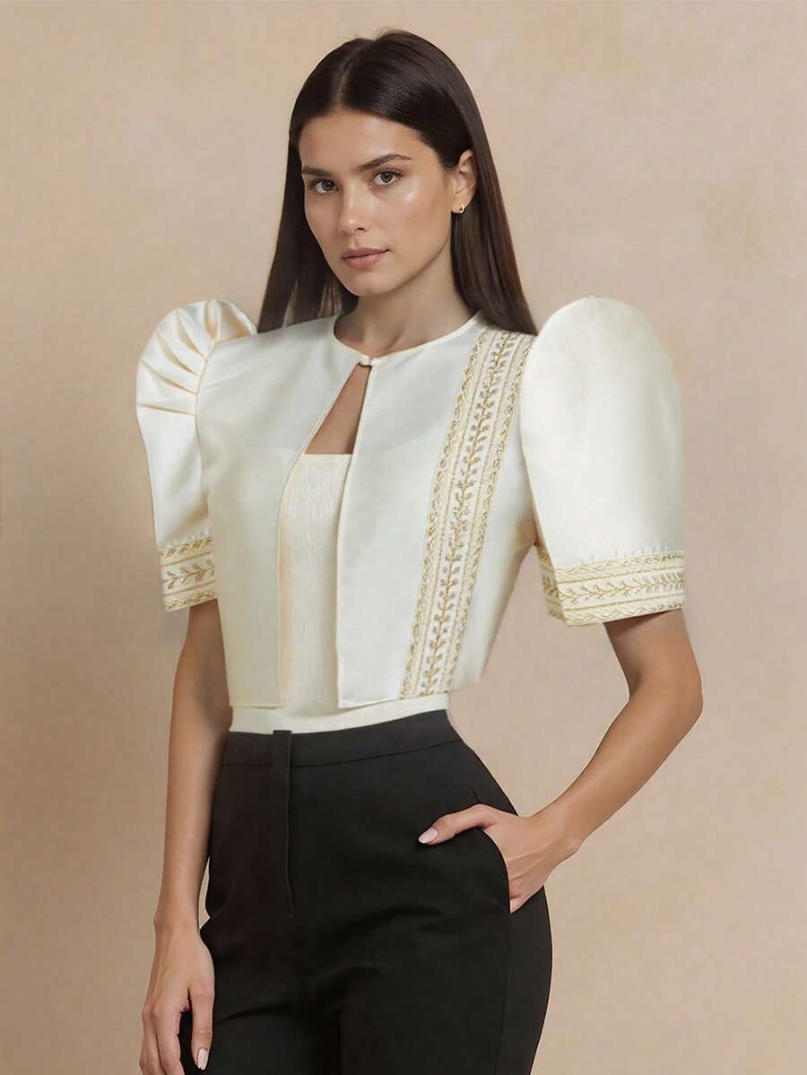 Amyenjoylife 现代菲律宾风情衬衫，蝴蝶袖菲律宾风情衬衫，女士时尚优雅拼接泡泡袖衬衫，香槟色上衣 - 香檳色 - 查看 1