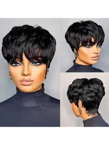 Short Bob Wig For Women Pixie Cut Wigs Glueless Wig None Lace Front Wig With Bangs Natural Black Straight Full Machine Made Short Layered For Daily Use - Black - View 1