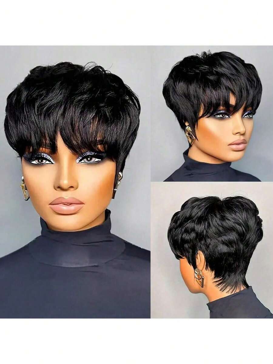 Short Bob Wig For Women Pixie Cut Wigs Glueless Wig None Lace Front Wig With Bangs Natural Black Straight Full Machine Made Short Layered For Daily Use - Black - View 1