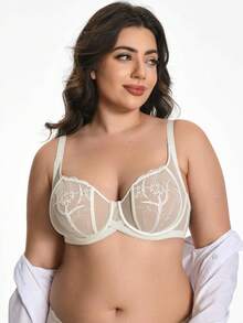 WINGSLOVE Sutien sexy din dantelă pentru femei mărime mare, sutien transparent din plasă fără burete, sutien brodat cu armătură, ridicare - alb - Vizualizare 3