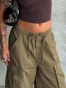 Cargo Shorts For Women Elastic Waist Knee Length  Shorts Summer Outdoor Waterproof Hiking Pants With Pockets - Army Green - View 3