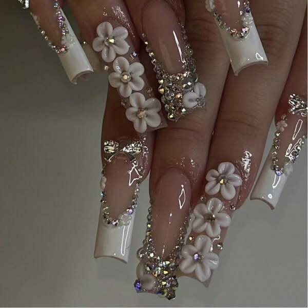 10 Pcs Handcrafted Acrylic Press On Nails,Nails Supplies,Long Nails,Long Press On Nails,Square Nails,White Nail Polish,Gray,Nails,Rhinestone Nails,Pearl Decoration,3D Hand Painted,Floral,Bowknot,Cute Nails,Back To School,Beach Essentials,Nail Set,Nail Art,With Nail Tools,Nail Glue,For Women & Girl