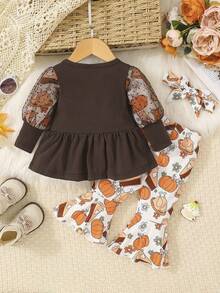 女婴感恩节服装，长袖网眼火鸡和南瓜印花喇叭裤套装，秋冬 - 棕色 - 查看 2