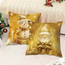 4 piezas Fundas de almohada con patrones de árbol de Navidad, muñeco de nieve y ciervos en dorado, diseño contemporáneo de tela suave de poliéster, adecuado para decoración de granja, vacaciones, sofá, sala de estar, decoración del hogar y regalos de Navidad