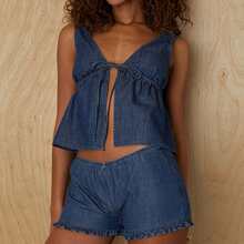 Women's 2 Piece Denim Outfits Deep V Neck Tie Front Sleeveless Tank Tops Elastic Waist Ruffle Hem Shorts Y2k Two Piece Jeans Set Summer Vacation Outfits - 藍色 - 查看 1