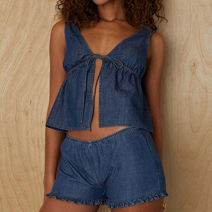 Women's 2 Piece Denim Outfits Deep V Neck Tie Front Sleeveless Tank Tops Elastic Waist Ruffle Hem Shorts Y2k Two Piece Jeans Set Summer Vacation Outfits - 藍色 - 查看 1