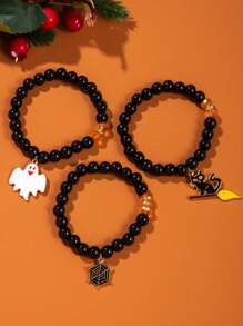 3 peças/Conjunto Pulseira Gótica de Halloween, Conjunto de Pulseira com Pingente de Vidro, Acrílico, Zircônia Cúbica em Formato de Abóbora, Fantasma, Lápide, Cruz, Gato Preto, Teia de Aranha, Milho de Doce, Adequado para Homens e Mulheres, Uso Diário, Festa de Halloween, Presente de Festival