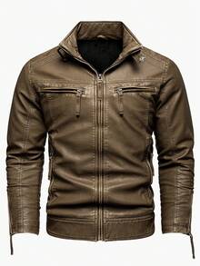 Men's Vintage Thickened Jacket With Multiple Pockets, Stand Collar Motorcycle Jacket, Casual PU Leather Coat - Brown - View 12
